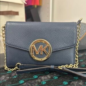 Michael Kors Blue and Gold Crossbody Bag with Signature MK Logo